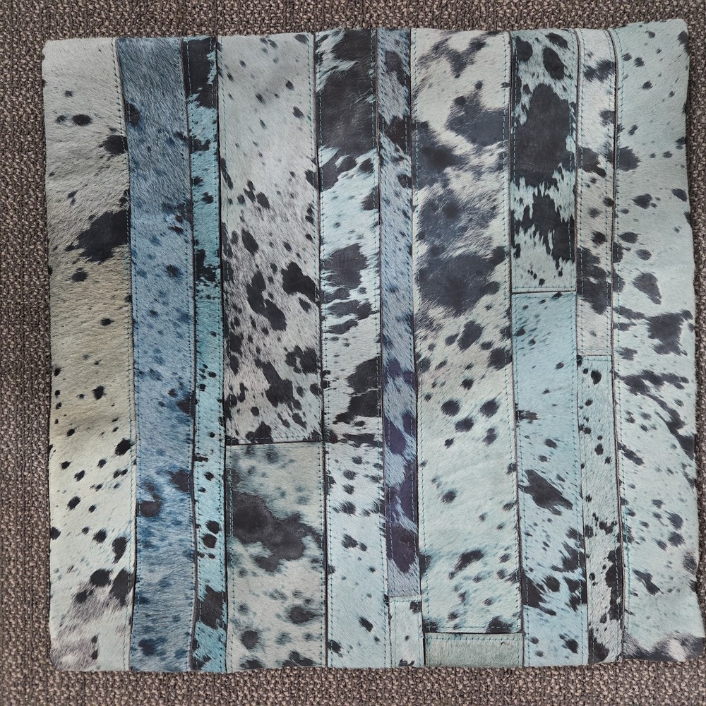 Turquoise Hair On Cowhide Leather Pillow Cover 19.5" Square Patchwork Western